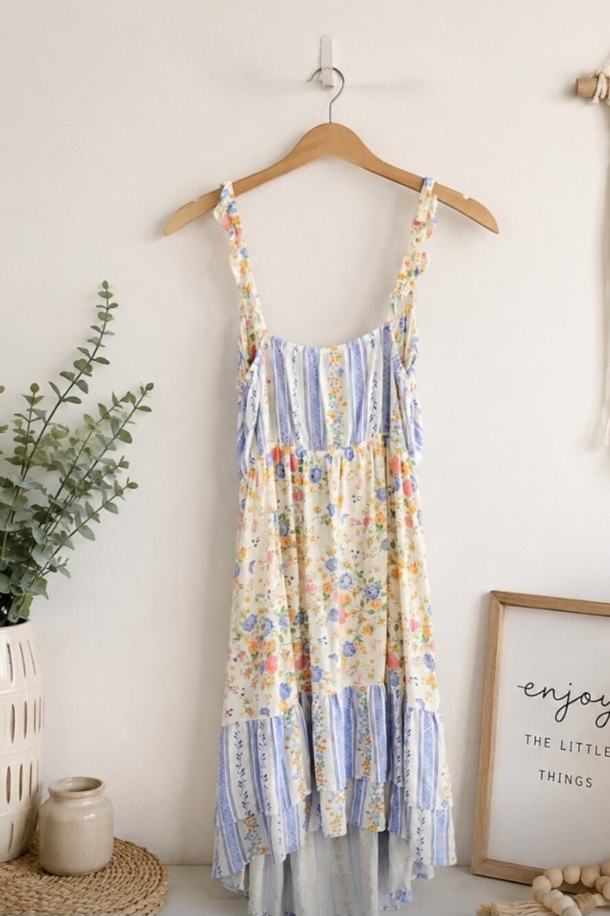 Maaji Floral Tiered Mini Dress in Blue and Cream